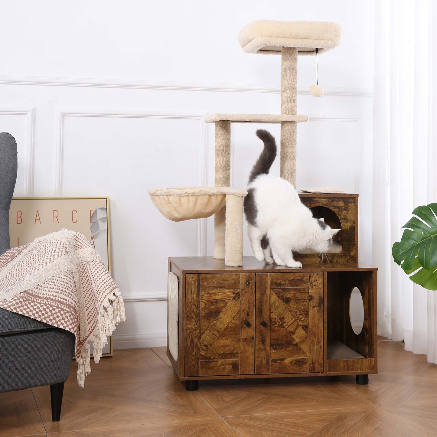 Cat Litter Box Enclosure with Cat Tree 2-in-1 58 inch